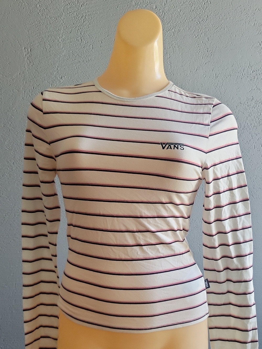 Vans Women's Cream Crewneck Long Sleeve with Thin Black & Burgundy Stripes